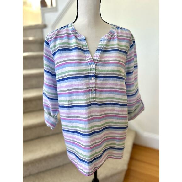 Talbots White, Blue, Pink & Green Pastel Linen Stripe Blouse - Picture 1 of 8